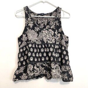 AMERICAN EAGLE Dark Gray Off White Floral Mixed Print Tiered Boho Tank Blouse M